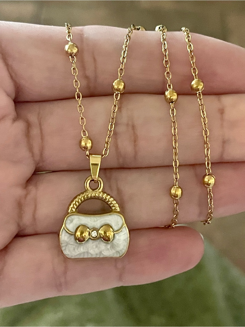 Gold-Tone White Enamel Handbag Pendant Necklace